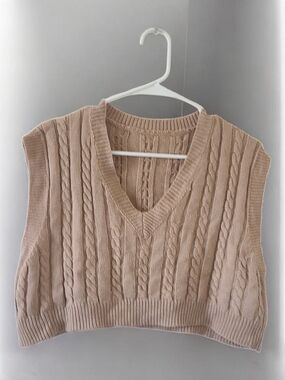 SHEIN TAN Cable Knit V-Neck Sweater Vest